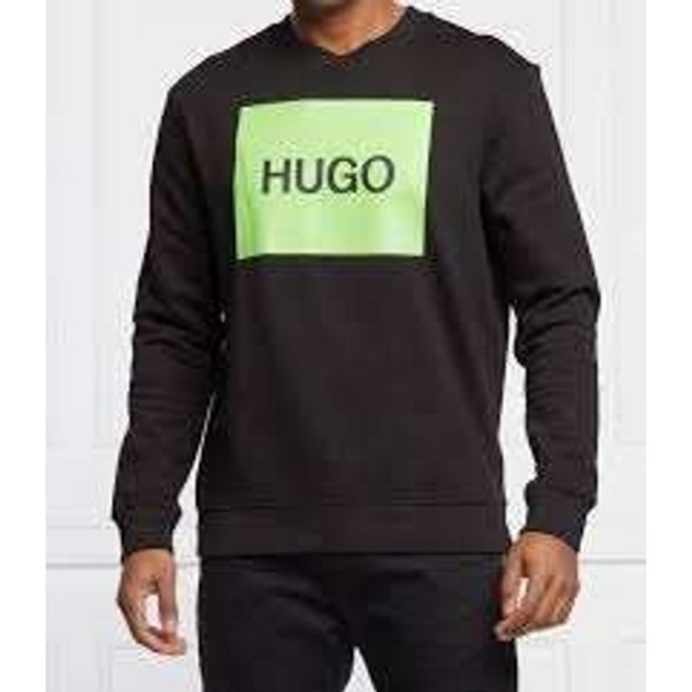 Hugo Boss Mens Black Sweatshirt Neon Green Box Logo Crew Neck Pullover SIZE M